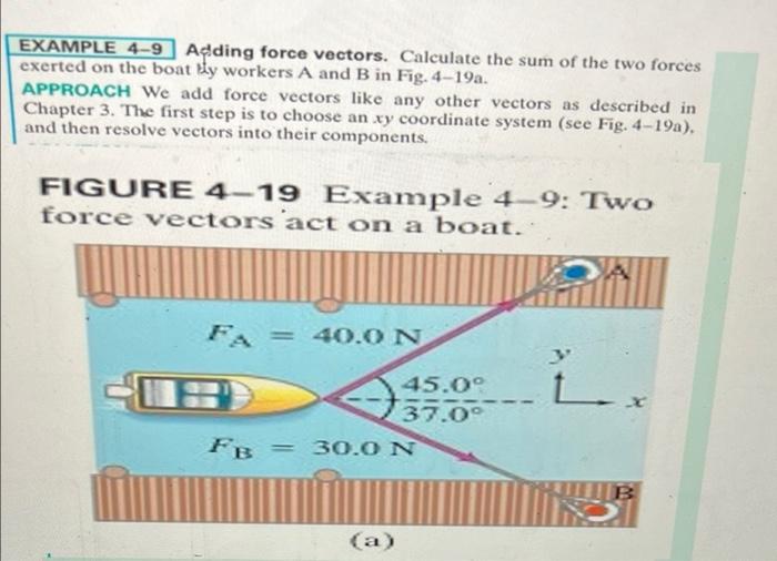 EXAMPLE 4-9 Adding force vectors. Calculate the sum of the two forces
exerted on the boat Hy workers A and B in Fig. 4-19a.
A