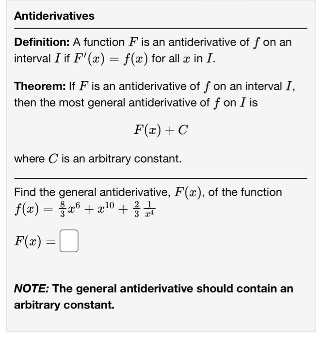 Solved Definition A function F is an antiderivative of f on