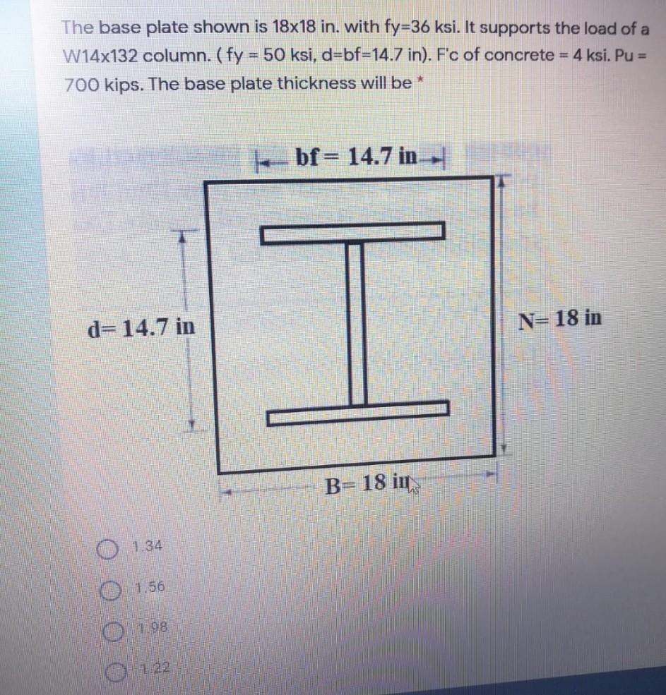 Solved The base plate shown is 18x18 in. with fy=36 ksi. It | Chegg.com