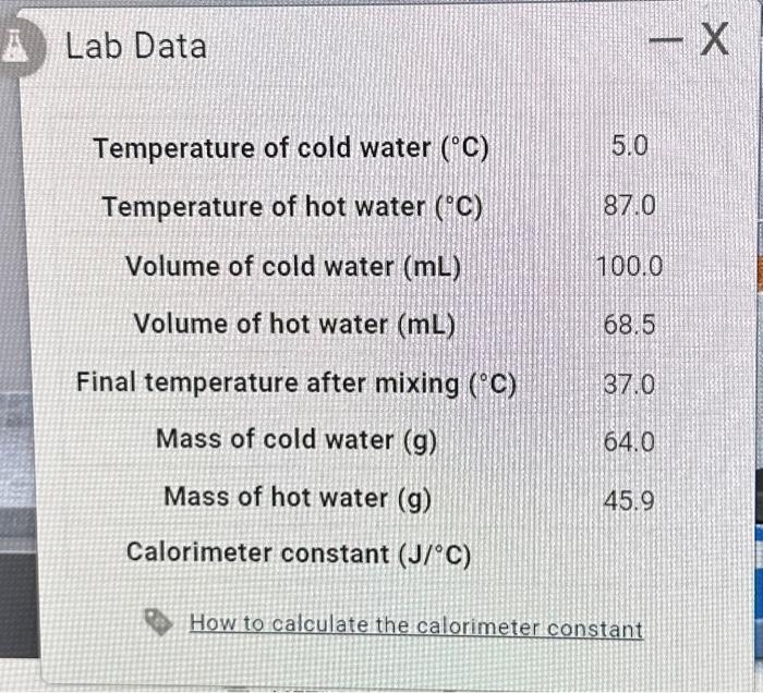 Solved Lab Data How to calculate the calorimeter constant