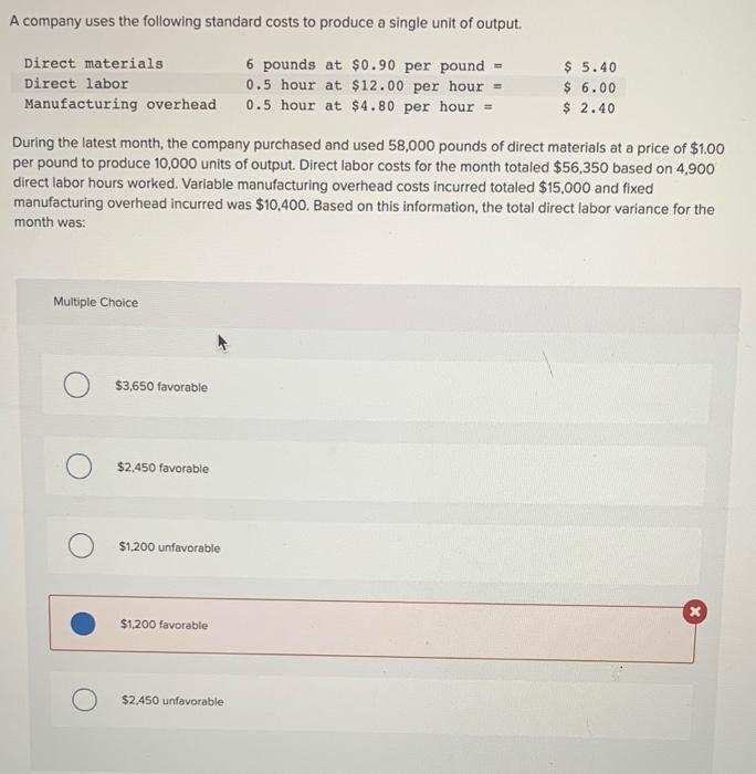 Solved A company uses the following standard costs to