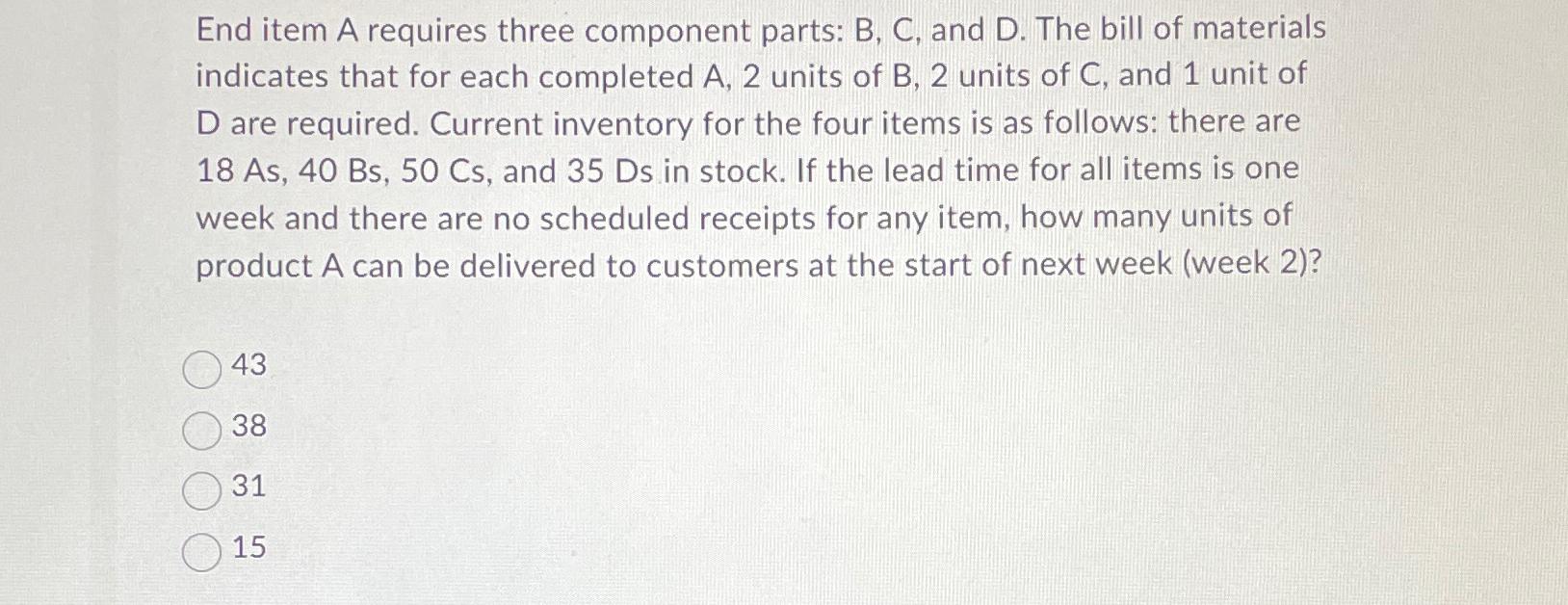 Solved End item A requires three component parts: B, ﻿C, | Chegg.com