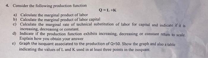 Solved 4. Consider the following production function Q-L+K | Chegg.com