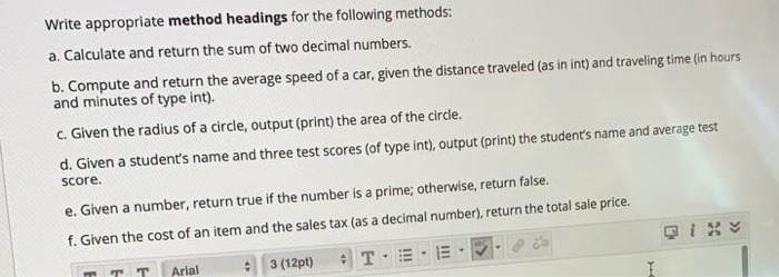 Solved Write appropriate method headings for the following | Chegg.com
