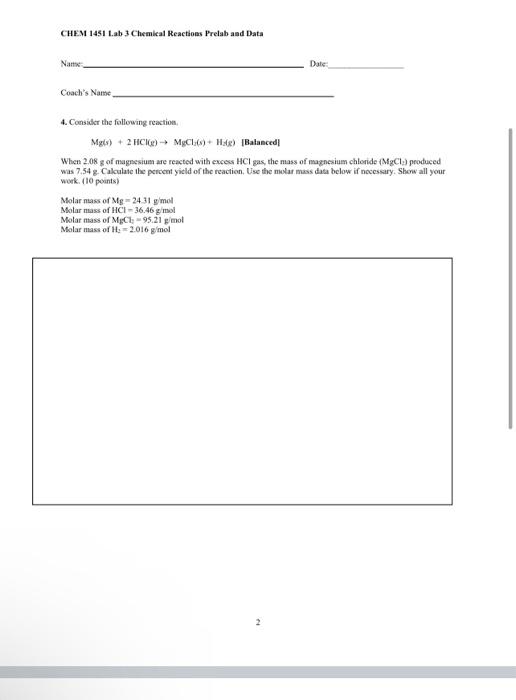 Solved CHEM 1451 Lab 3 Chemical Reactions Prelab and Data | Chegg.com