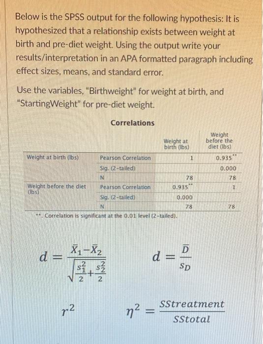 Solved Below is the SPSS output for the following | Chegg.com