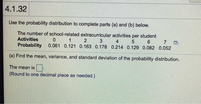 Solved 4.1.32 Use the probability distribution to complete | Chegg.com