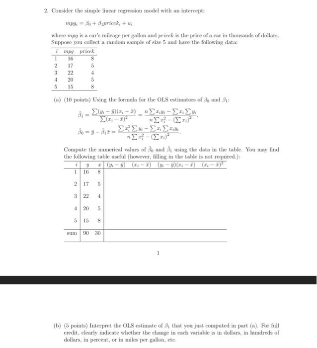 Solved Consider the simple linear regression model with an | Chegg.com