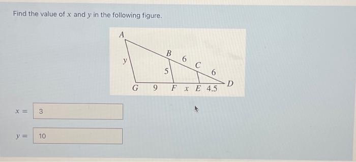 find the value of x and y in the following figure