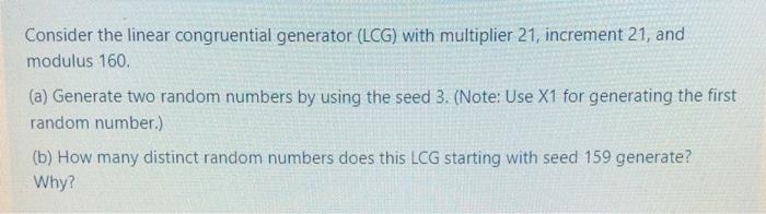 Solved Consider the linear congruential generator (LCG) with | Chegg.com