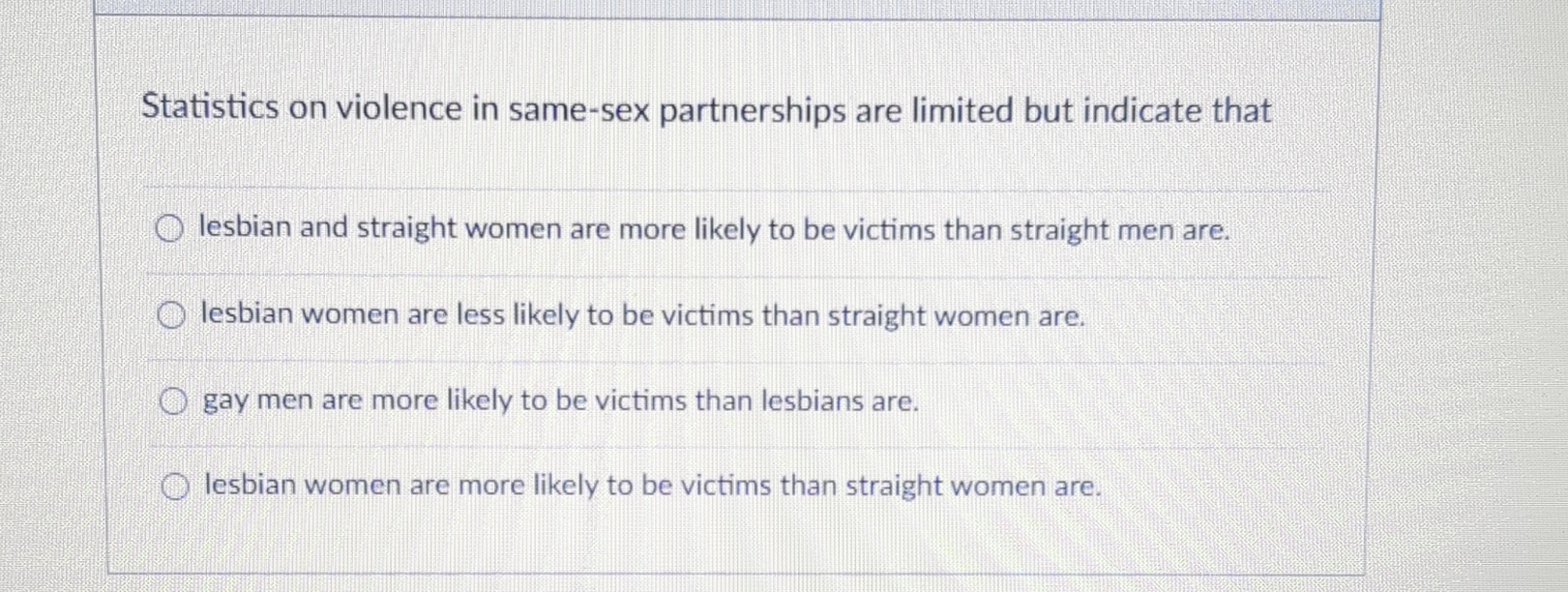 Statistics on violence in same-sex partnerships are | Chegg.com