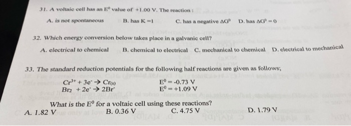 Solved 31 A Voltaie Cell Has An Eº Value Of 1 00 V The Chegg Com