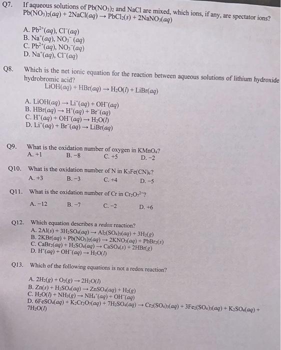 Solved Q7. If aqueous solutions of Pb(NO3)2 and NaCl are | Chegg.com