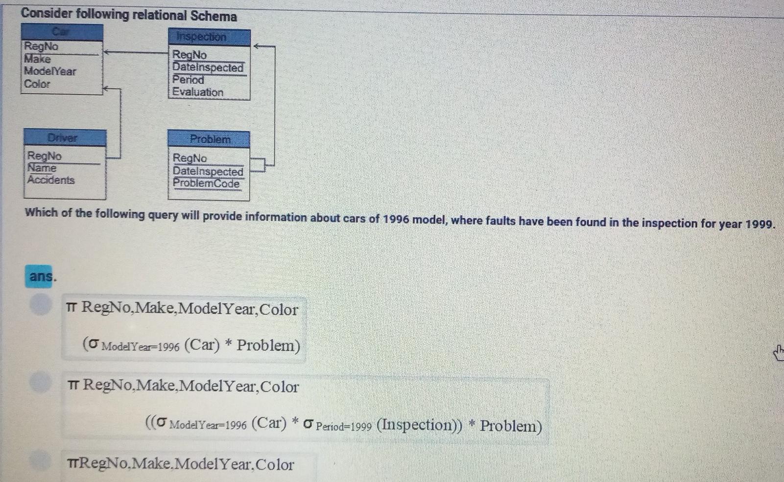 Solved Consider following relational Schema Inspection Regno | Chegg.com