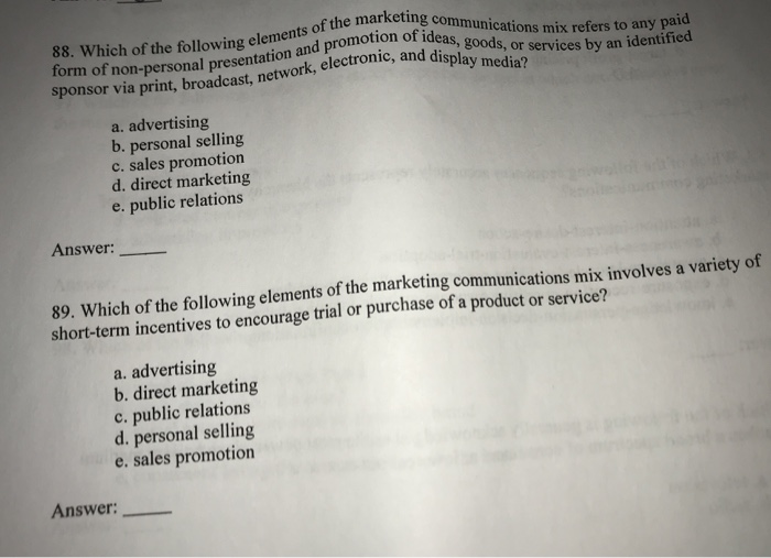 Solved 88. Which of the following elements of the marketing | Chegg.com