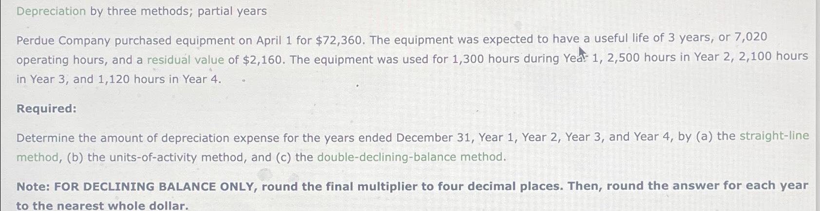 Solved Depreciation by three methods; partial yearsPerdue | Chegg.com