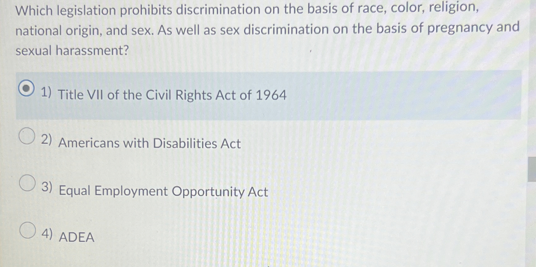 Solved Which legislation prohibits discrimination on the | Chegg.com