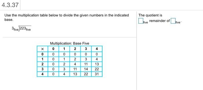 Solved 4.3.37 Use the multiplication table below to divide | Chegg.com