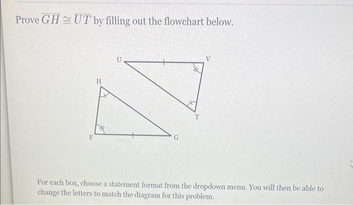 Prove \( \overline{G H} \cong \overline{U T} \) by filling out the flowchart below.
For each box, choose a statement format f