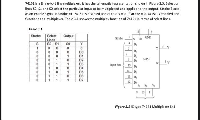 74151 is a 8 line-to-1 line multiplexer. It has the schematic representation shown in Figure 3.5. Selection lines \( \mathrm{