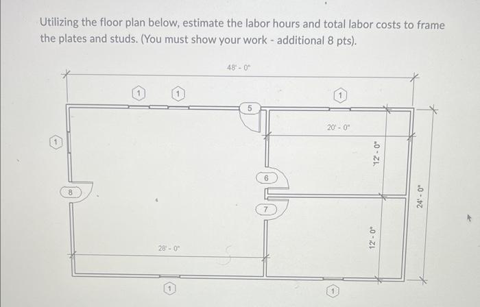 Utilizing the floor plan below, estimate the labor hours and total labor costs to frame
the plates and studs. (You must show 