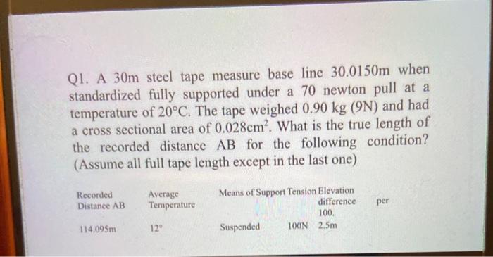 Solved QI. A 30m steel tape measure base line 30.0150m when | Chegg.com