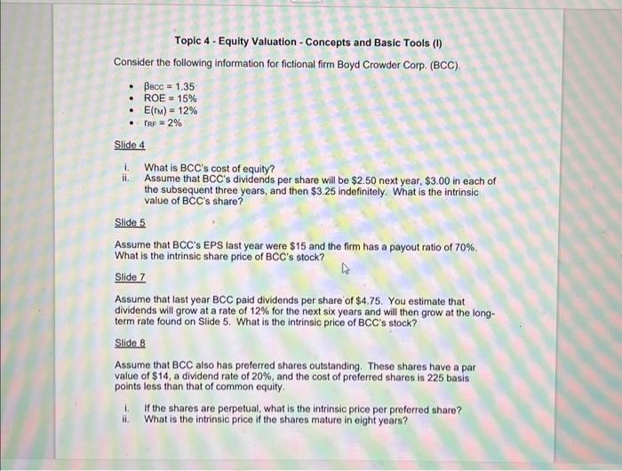 Solved Topic 4 - Equity Valuation - Concepts and Basic Tools | Chegg.com