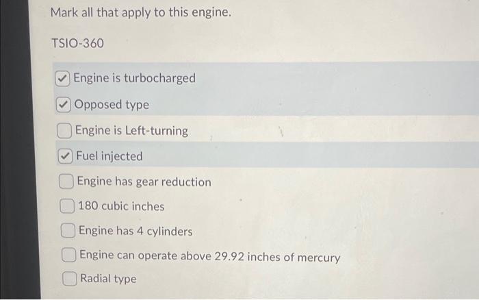 Solved Mark all that apply to this engine. TSIO-360 Engine | Chegg.com