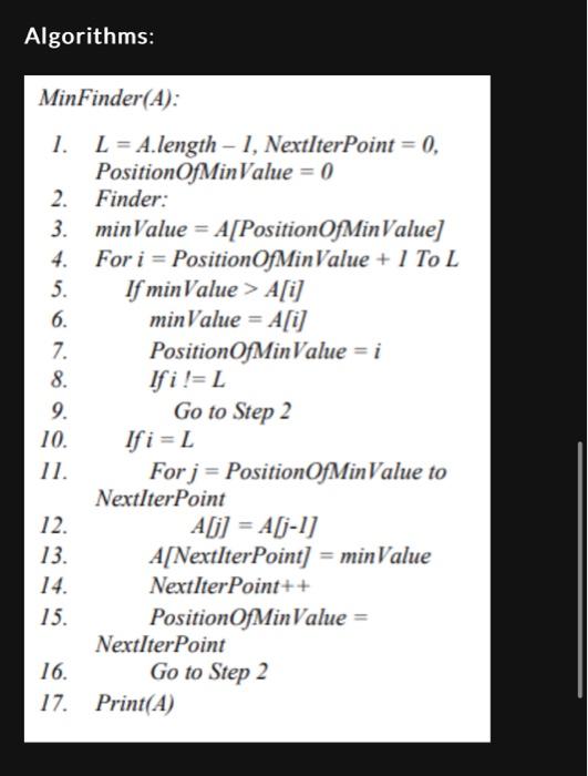 Solved I would like a code in Java that The MinFinder | Chegg.com image.
