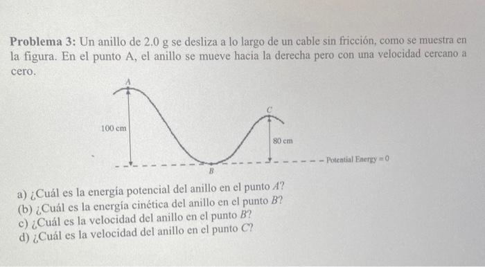 Problema 3: Un anillo de \( 2.0 \mathrm{~g} \) se desliza a lo largo de un cable sin fricción, como se muestra en la figura.