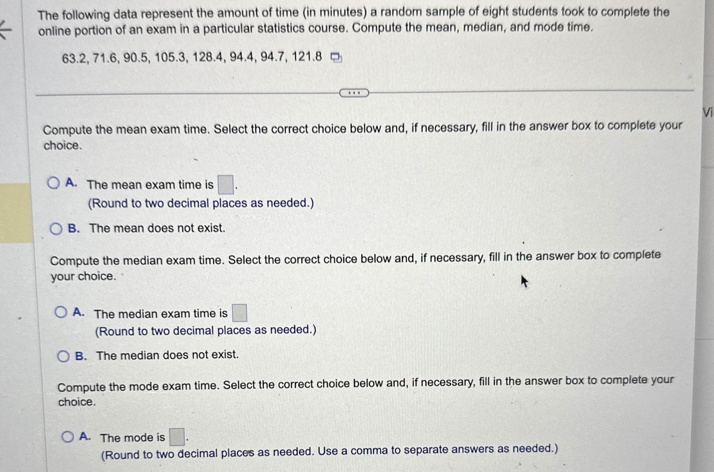 Solved The following data represent the amount of time (in | Chegg.com