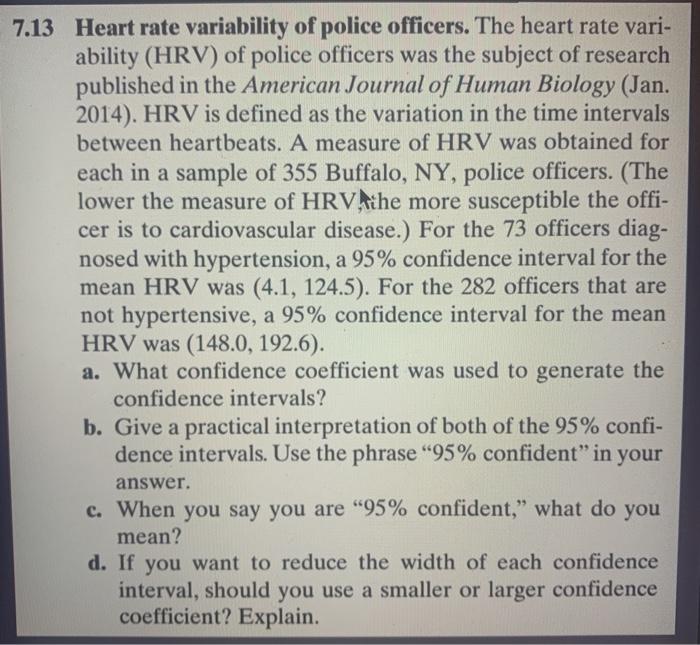 Solved 7.13 Heart rate variability of police officers. The | Chegg.com