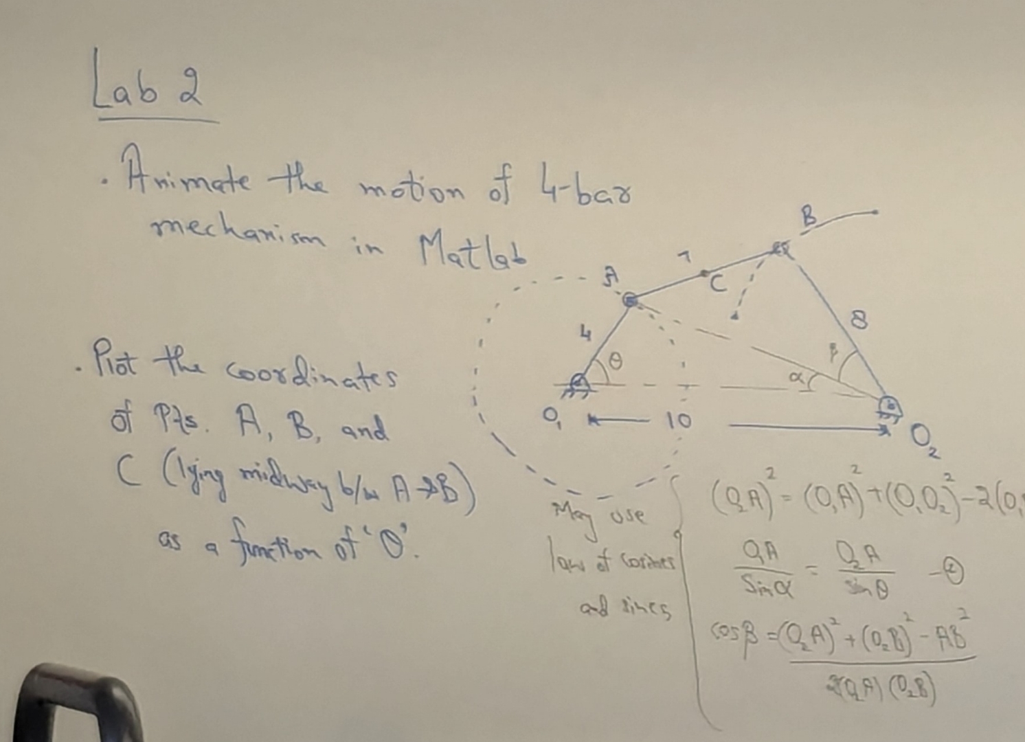 [Solved]: 1. Animate the motion of 4-bar mechanism in Matlab