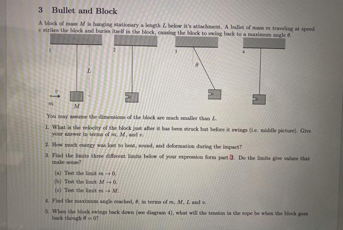 Solved 3 Bullet and Block A block of mass M is hanging | Chegg.com