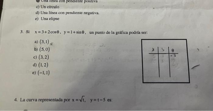 c) Un circulo d) Una línea con pendiente negativa. e) Una elipse 3. Si \( x=3+2 \cos \theta, y=1+\sin \theta \), un punto de