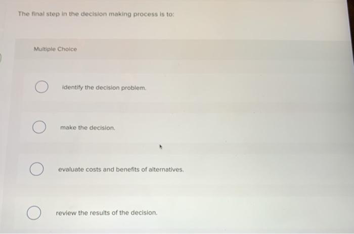 Solved The final step in the decision making process is to: | Chegg.com