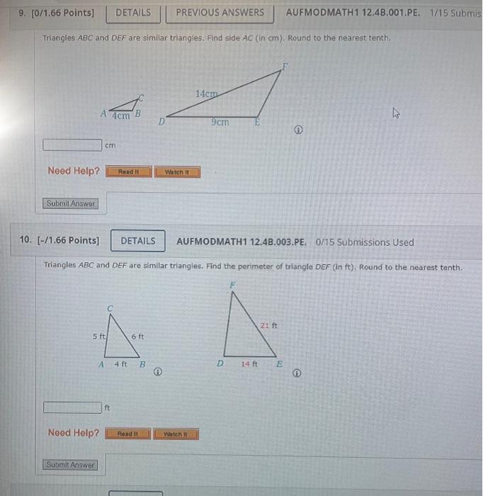 Solved Triangles ABC and DEF are similar triangles. Find