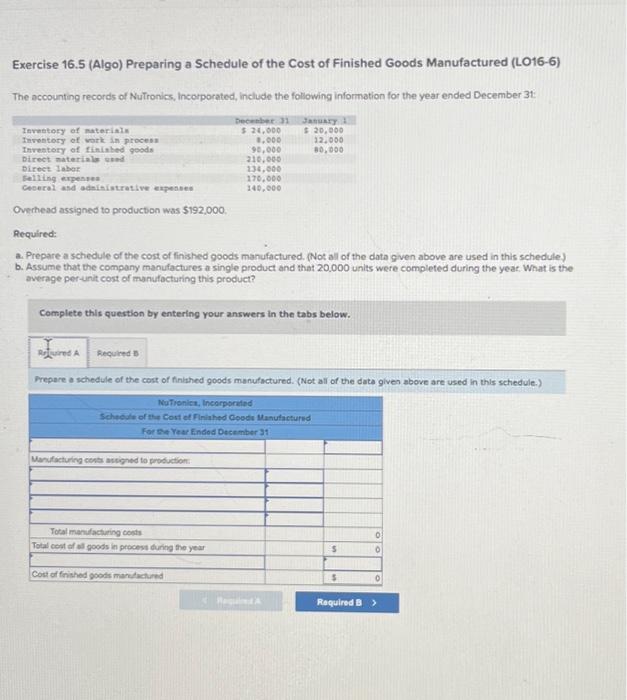 Solved Exercise 16.5 (Algo) Preparing a Schedule of the Cost | Chegg.com