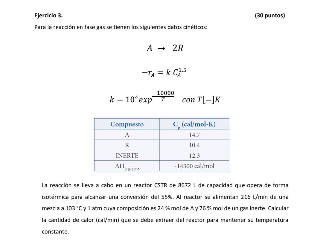 Ejercicio 3. (30 puntos) Para la reacción en fase gas se tienen los siguientes datos cinéticos: \[ \begin{array}{c} A \righta