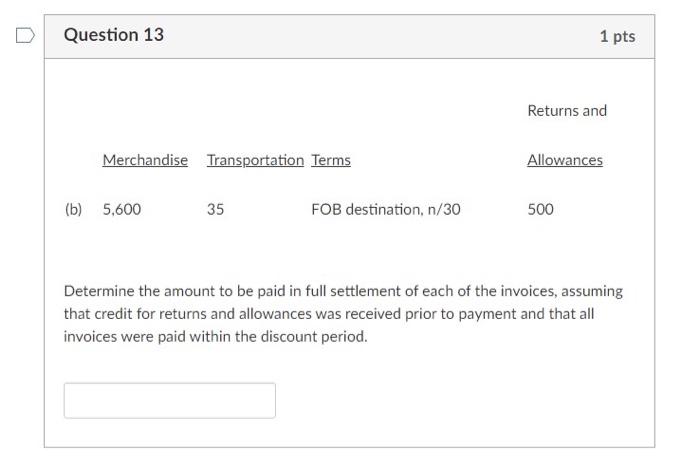 Solved Question 13 1 Pts Returns And Merchandise | Chegg.com