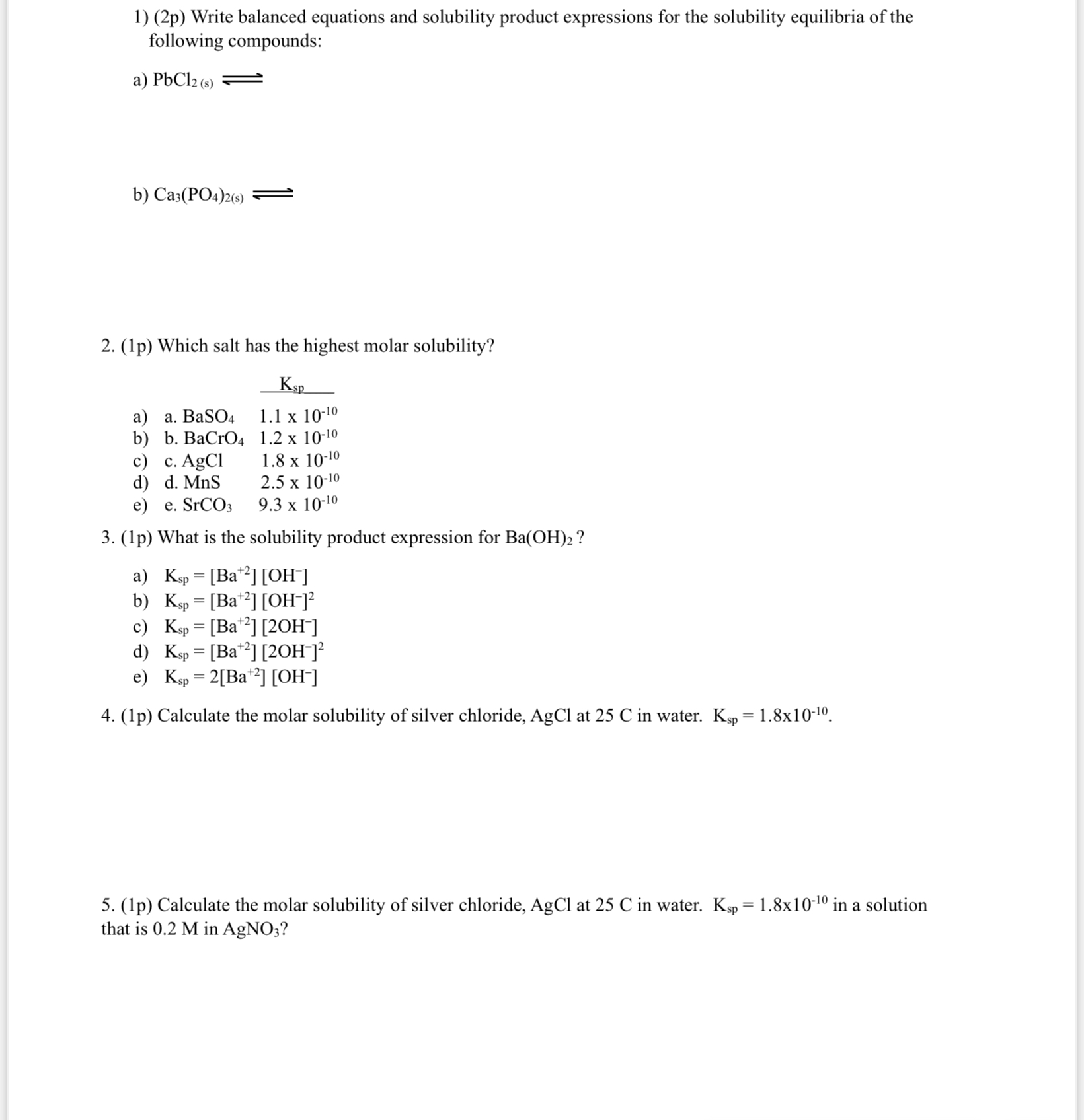 Solved (2p) ﻿Write balanced equations and solubility product | Chegg.com