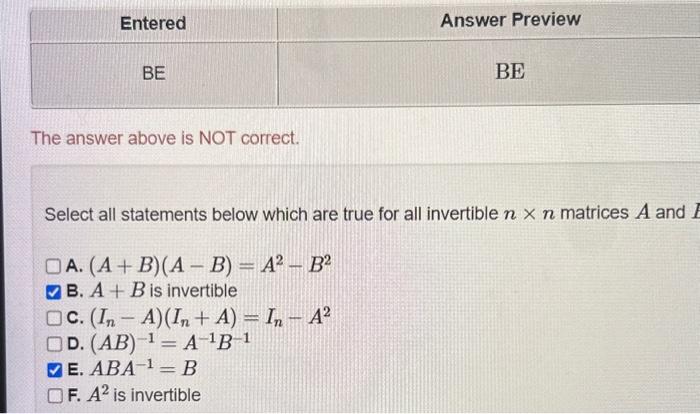 Solved Entered BE The answer above is NOT correct. OA. | Chegg.com