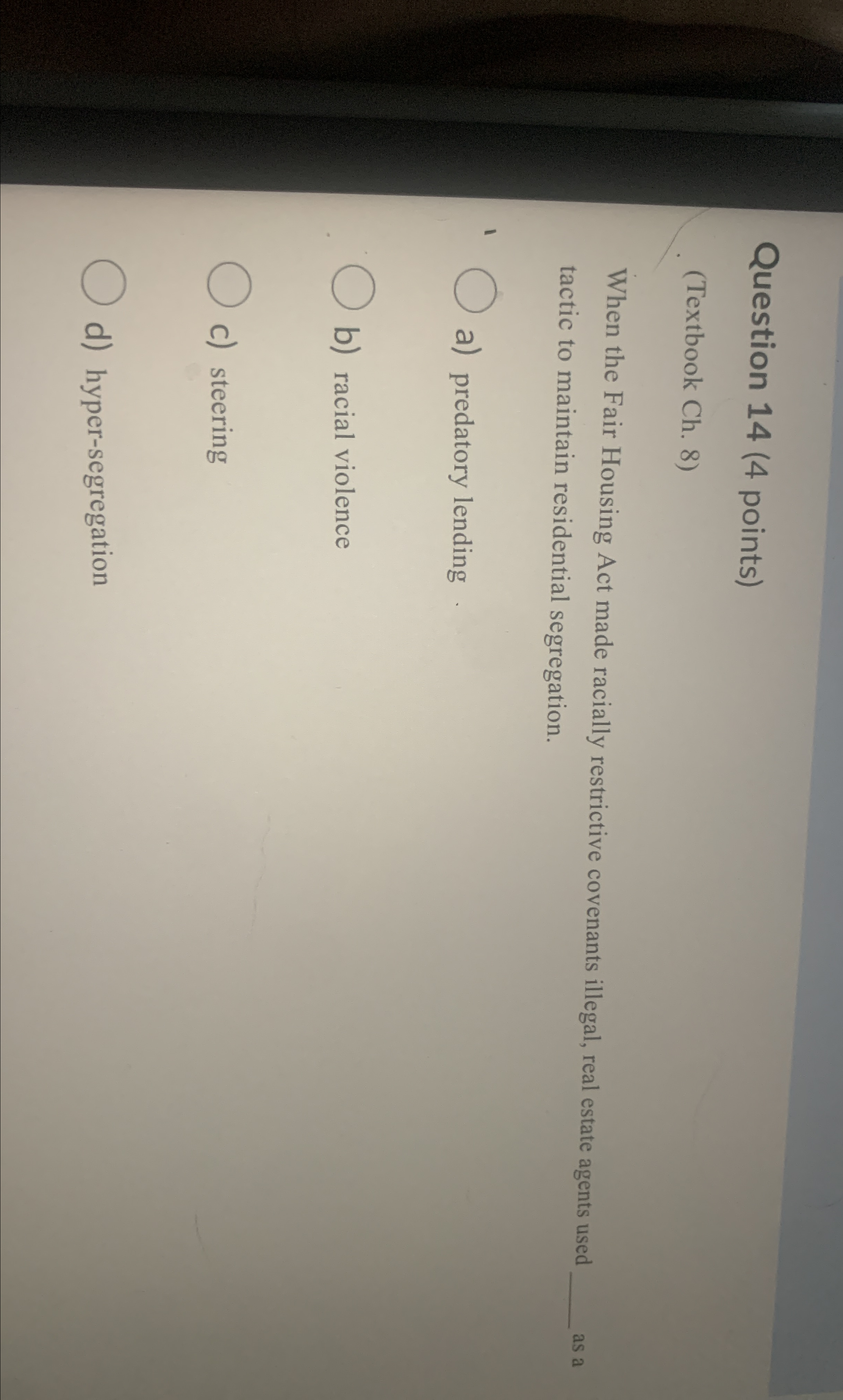 Solved Question 14 (4 ﻿points)(Textbook Ch. 8)When the Fair | Chegg.com