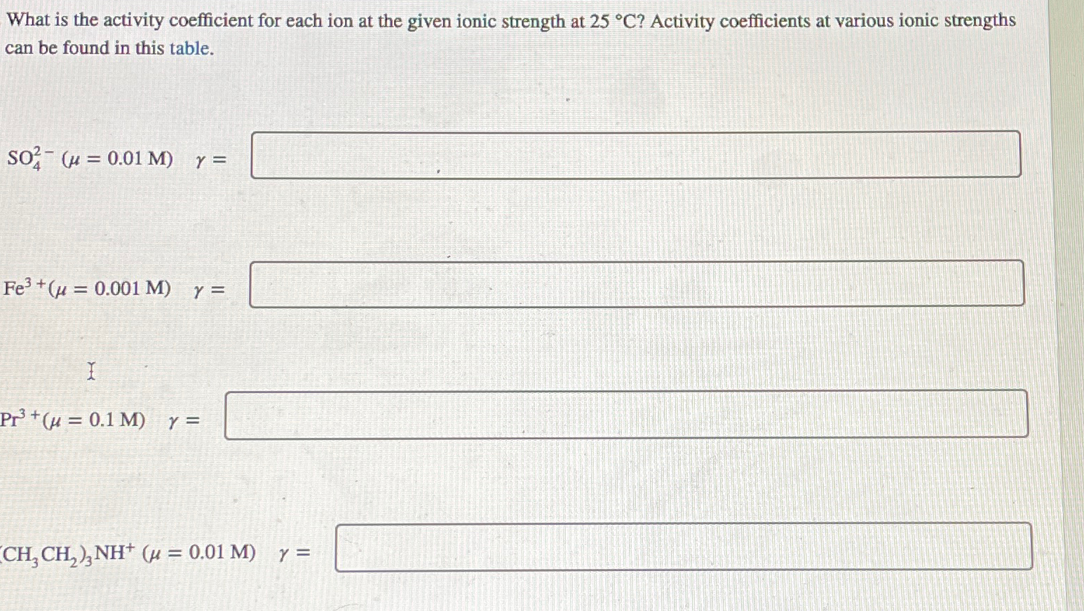 What is the activity coefficient for each ion at the | Chegg.com