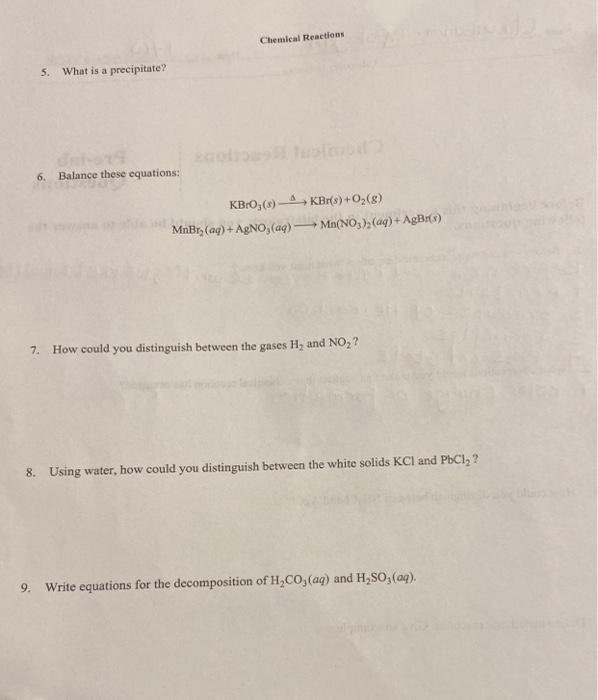 Solved 5. What is a precipitate? 6. Balance these equations: | Chegg.com