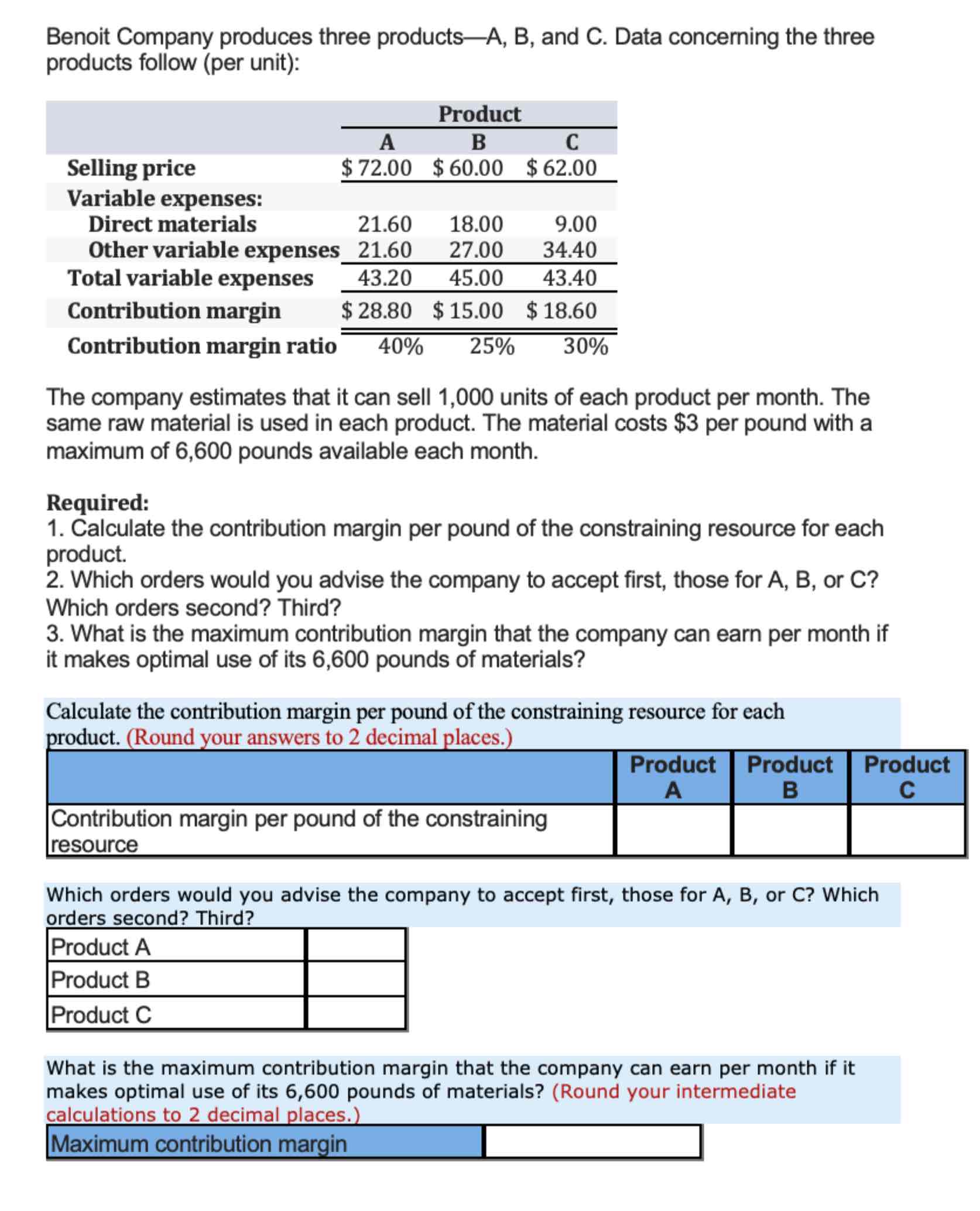 Solved Benoit Company produces three productsA, ﻿B, ﻿and C.