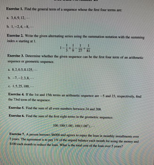 Solved Exercise 1. Find the general term of a sequence whose | Chegg.com
