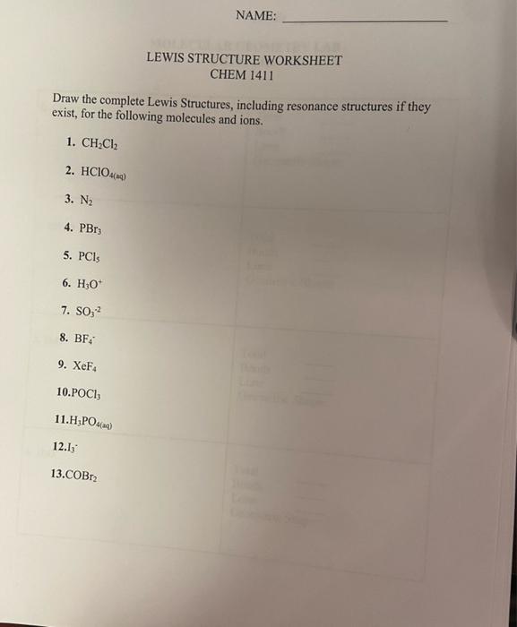 Solved NAME: LEWIS STRUCTURE WORKSHEET CHEM 1411 Draw the | Chegg.com