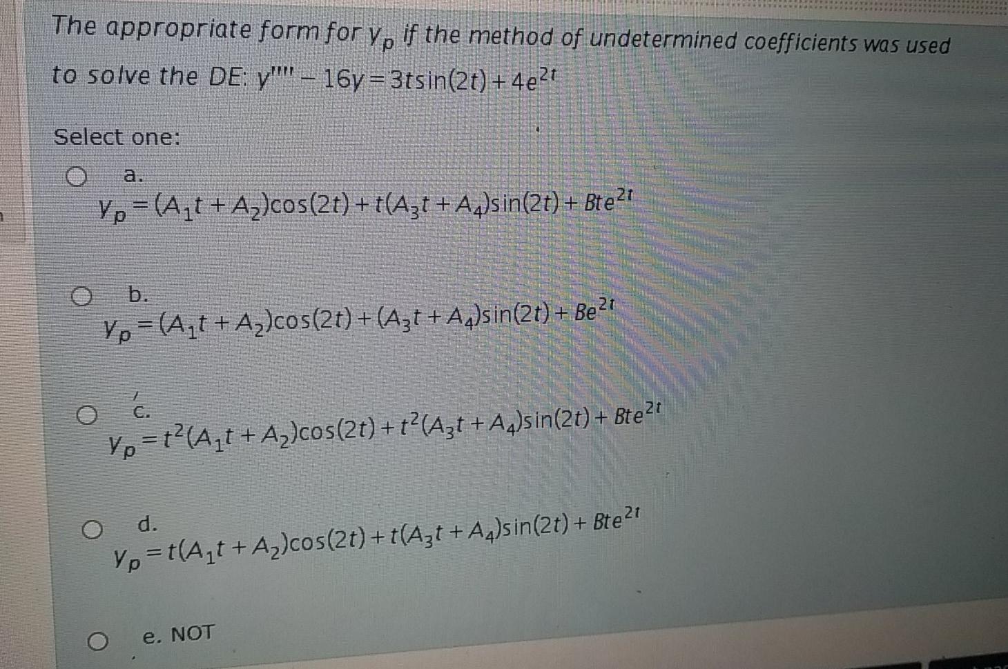 Solved The appropriate form for Yp if the method of | Chegg.com