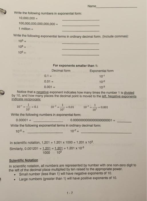 Solved Name Write The Following Numbers In Exponential Form Chegg